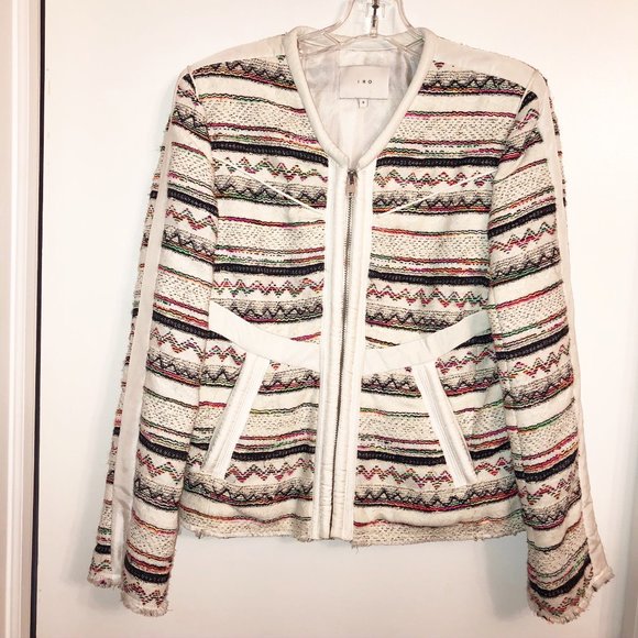 IRO Elomi Zip Front Silk Leather Jacket Embroidered Blazer Textured Pockets - Picture 5 of 8